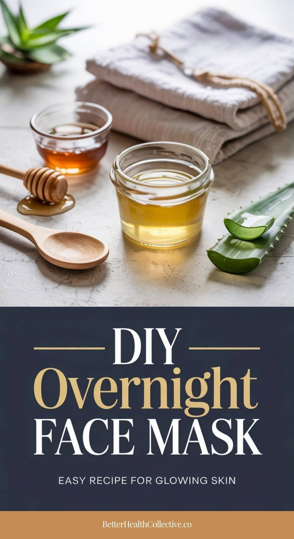 A jar of honey, a jar of aloe gel, a honey dipper, and aloe leaves sit on a table beside folded towels. Text below reads: DIY Overnight Mask—Easy Recipe for Glowing Skin.