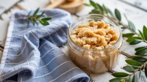 A glass jar filled with DIY sugar scrub sits on a rustic white wooden table, near a blue-striped cloth and green leafy branches. Natural light brightens the scene.