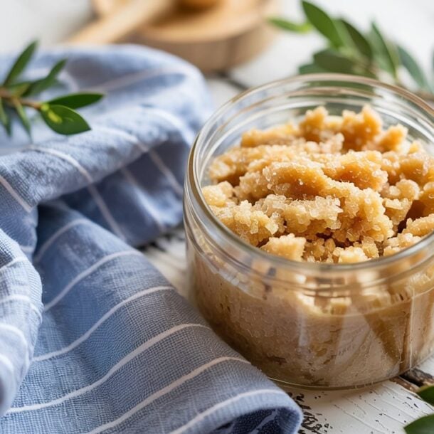 A glass jar filled with DIY sugar scrub sits on a rustic white wooden table, near a blue-striped cloth and green leafy branches. Natural light brightens the scene.