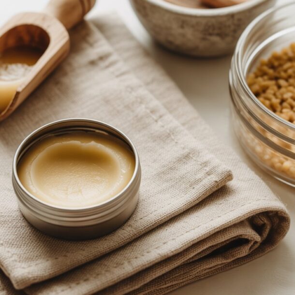 A small tin of DIY tallow lip balm sits on folded beige fabric, next to a wooden scoop with more balm and a glass bowl of yellow beeswax pellets—perfect for soothing dry lips in a natural, rustic setting.