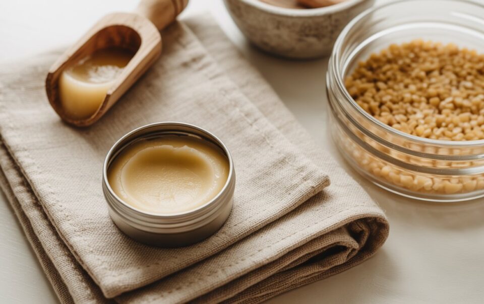 A small tin of DIY tallow lip balm sits on folded beige fabric, next to a wooden scoop with more balm and a glass bowl of yellow beeswax pellets—perfect for soothing dry lips in a natural, rustic setting.
