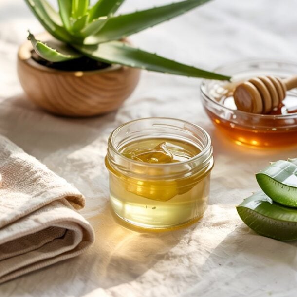 A small jar of honey, a bowl of honey with a dipper, an aloe vera plant, aloe vera leaf slices, a wooden spoon, and a folded towel are arranged on fabric in sunlight—perfect ingredients for an overnight mask to reveal glowing skin.