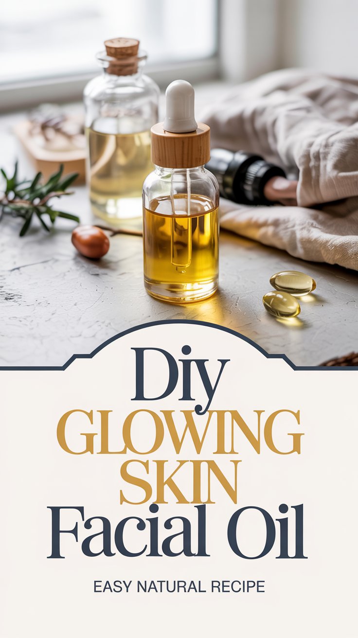 A glass dropper bottle filled with golden facial oil sits beside another bottle, a towel, and capsules. Text below reads: “DIY Glowing Skin Facial Oil. Easy Natural Recipe for Radiant Results.”.