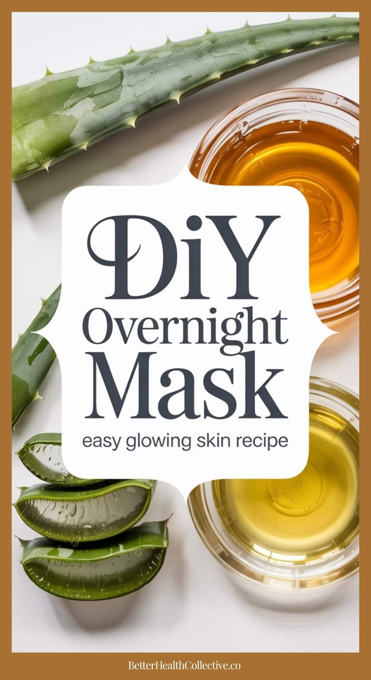 Two small bowls of honey and aloe vera gel are placed beside fresh aloe vera leaves. The text over the image reads: Overnight Mask - easy glowing skin recipe.