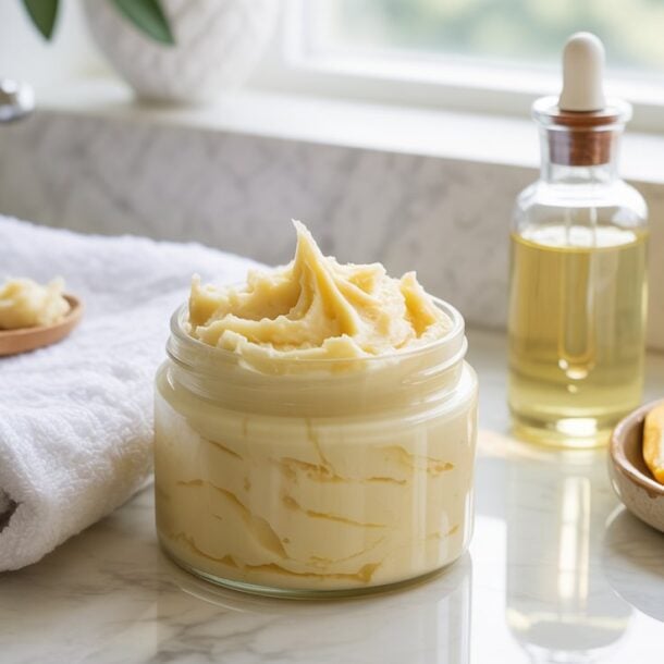 A jar of Mango Body Butter sits on a bathroom counter near a bottle of oil, folded white towels, a wooden spoon, and a plate with mango slices, with sunlight streaming in from a window. The lightweight formula absorbs quickly for non-greasy hydration.
