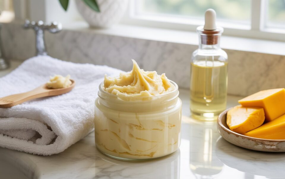 A jar of Mango Body Butter sits on a bathroom counter near a bottle of oil, folded white towels, a wooden spoon, and a plate with mango slices, with sunlight streaming in from a window. The lightweight formula absorbs quickly for non-greasy hydration.