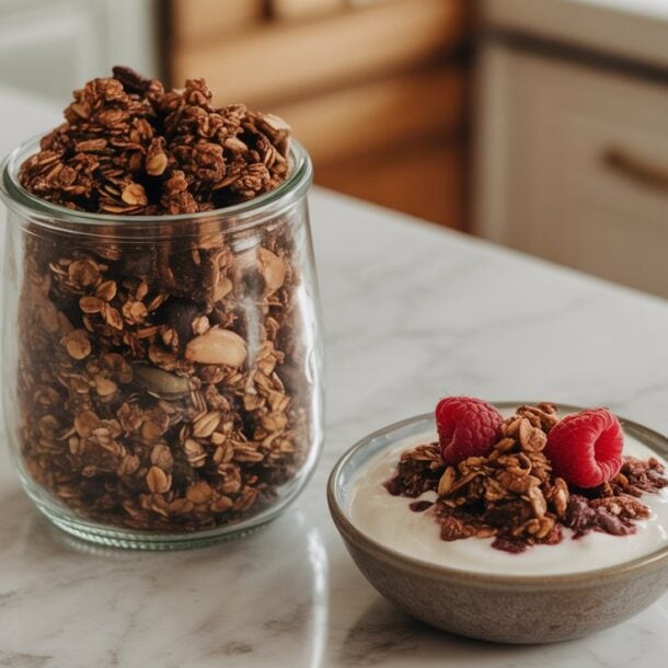 A glass jar filled with Naturally Sweetened Granola sits on a marble countertop next to a small bowl of yogurt topped with granola and two raspberries.