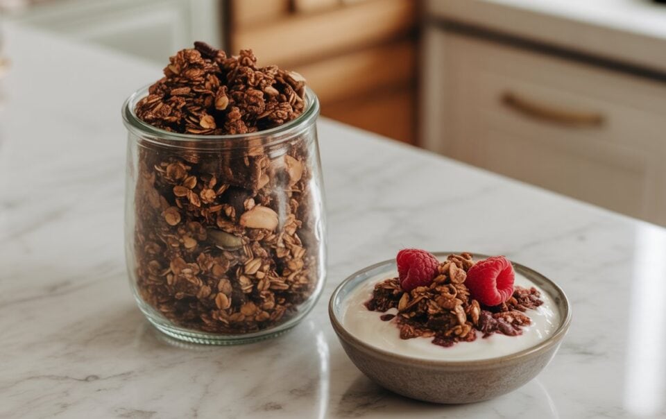 A glass jar filled with Naturally Sweetened Granola sits on a marble countertop next to a small bowl of yogurt topped with granola and two raspberries.