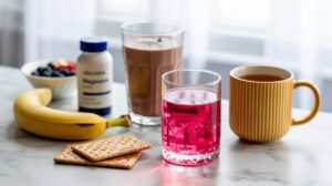 A breakfast scene with a banana, crackers, berries, pink juice, chocolate milk, a yellow mug of tea, and a bottle of magnesium supplement on a marble table—perfect for those feeling dizzy on GLP-1 medication.