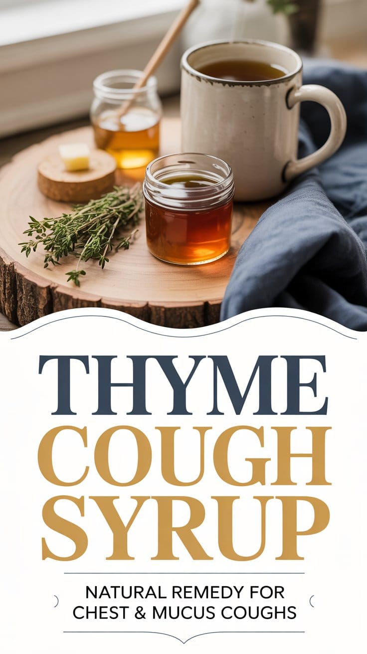 A mug and two jars of amber-colored Thyme Cough Syrup sit on a wooden board with fresh thyme, a lemon slice, and a cloth. Text below reads, “Natural Remedy for Chest Coughs—Thyme Cough Syrup.”.
