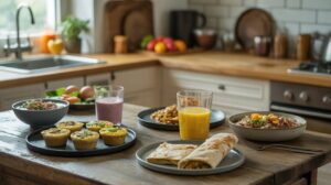 A wooden kitchen table set with high protein breakfast ideas, including muffins, a wrap, yogurt bowls, a smoothie, orange juice, and a salad, with a bright kitchen in the background.
