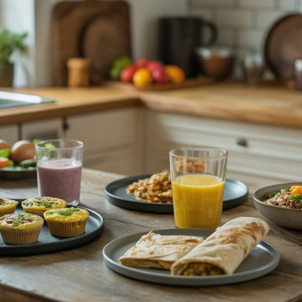 A wooden kitchen table set with high protein breakfast ideas, including muffins, a wrap, yogurt bowls, a smoothie, orange juice, and a salad, with a bright kitchen in the background.