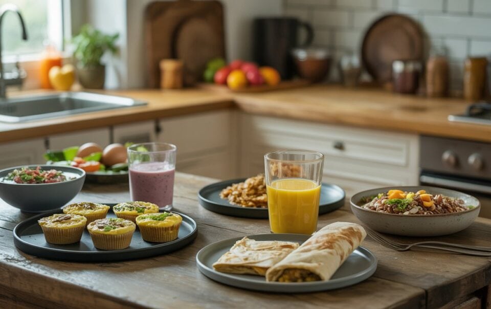 A wooden kitchen table set with high protein breakfast ideas, including muffins, a wrap, yogurt bowls, a smoothie, orange juice, and a salad, with a bright kitchen in the background.