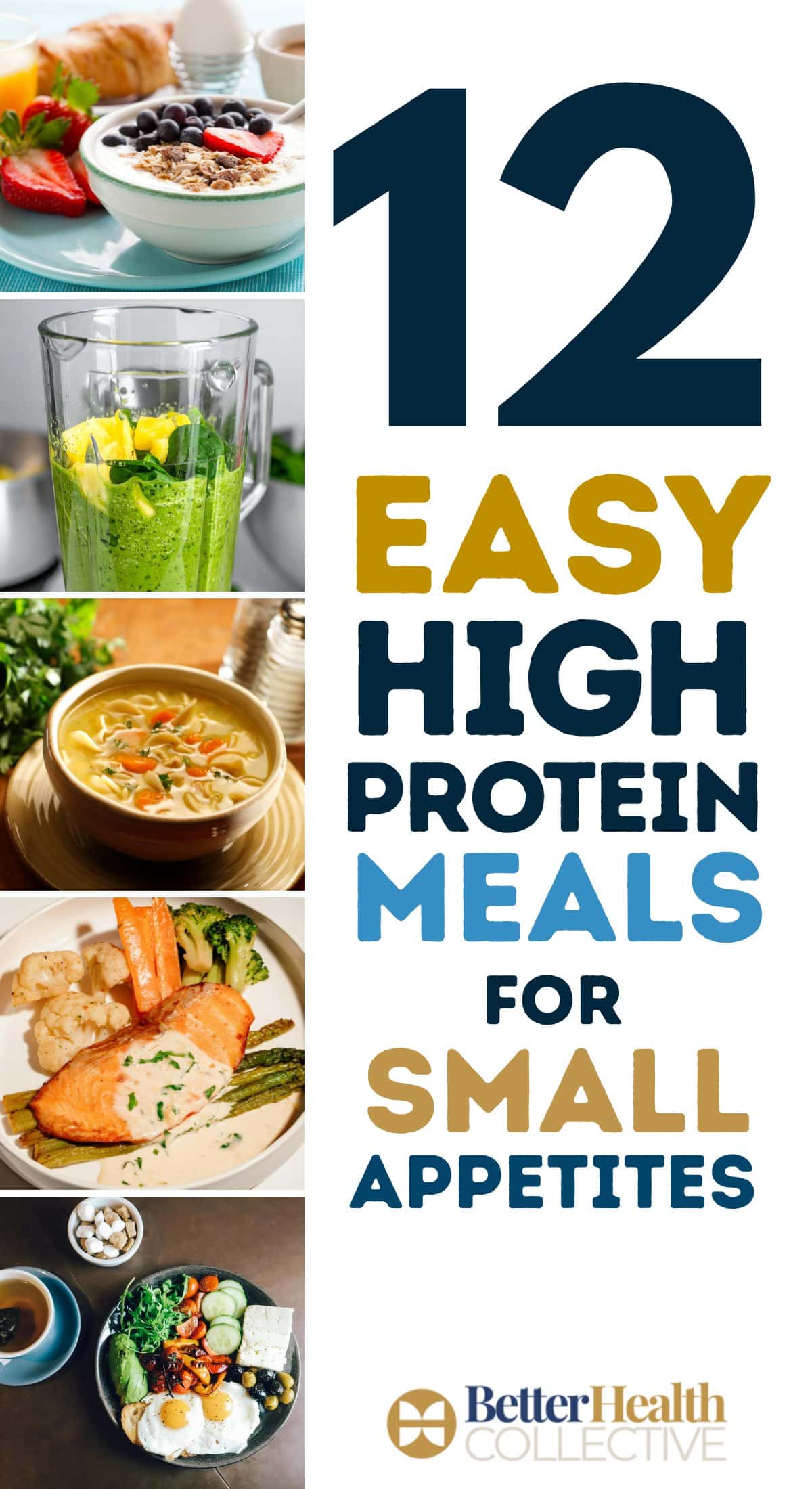 A collage shows various healthy meals, including smoothie bowls, a green smoothie, soup, salmon with vegetables, and an egg dish, next to text reading 12 Easy High-Protein Meal Ideas for Small Appetites – GLP-1 Friendly options by Better Health Collective.