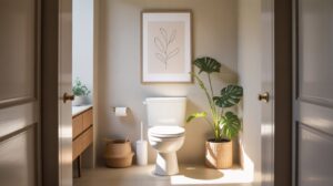 A bright, modern bathroom with a white toilet, wooden vanity, wicker basket, and leafy potted plant offers a serene vibe—perfect for moments of GLP-1-constipation relief. Sunlight streams in over the minimalist leaf artwork, highlighting the clean space.