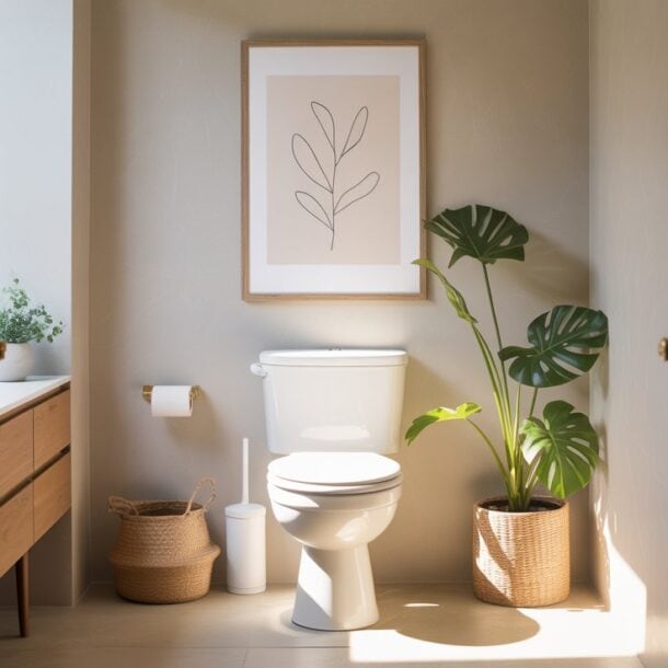 A bright, modern bathroom with a white toilet, wooden vanity, wicker basket, and leafy potted plant offers a serene vibe—perfect for moments of GLP-1-constipation relief. Sunlight streams in over the minimalist leaf artwork, highlighting the clean space.