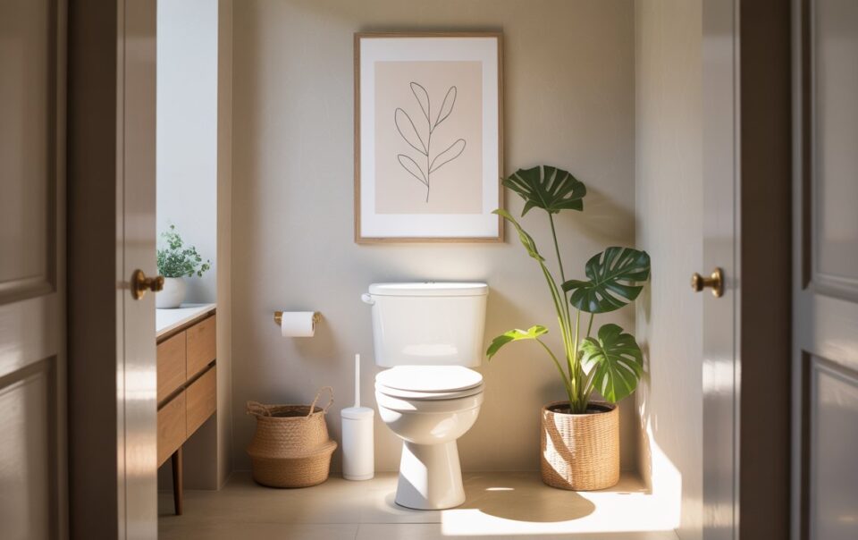 A bright, modern bathroom with a white toilet, wooden vanity, wicker basket, and leafy potted plant offers a serene vibe—perfect for moments of GLP-1-constipation relief. Sunlight streams in over the minimalist leaf artwork, highlighting the clean space.