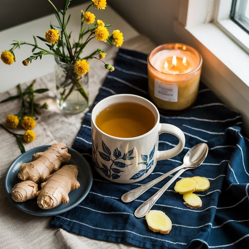 A mug of ginger tea, one of the best teas for wellness, sits on a navy-striped cloth beside fresh ginger, a lit candle, two spoons, ginger slices, and yellow flowers in a vase by the window.