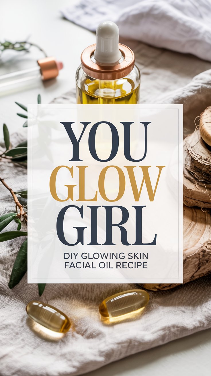 A dropper bottle of facial oil sits on a cloth with wooden slices, green leaves, and capsules nearby. Text reads: YOU GLOW GIRL. DIY natural recipe for glowing skin facial oil.