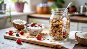 A glass jar filled with grain-free granola and a spoon sits on a wooden table beside a bowl of yogurt with berries, coconut halves, and assorted fresh berries, all in a bright, sunlit kitchen.