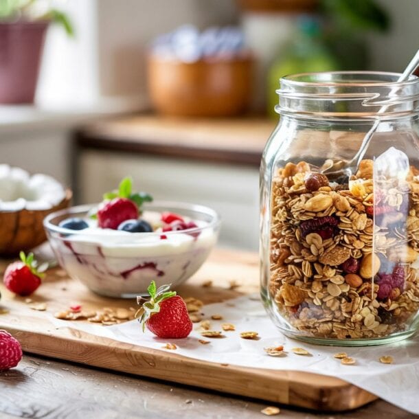 A glass jar filled with grain-free granola and a spoon sits on a wooden table beside a bowl of yogurt with berries, coconut halves, and assorted fresh berries, all in a bright, sunlit kitchen.