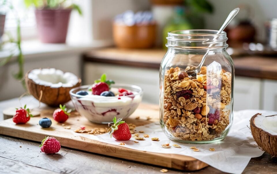 A glass jar filled with grain-free granola and a spoon sits on a wooden table beside a bowl of yogurt with berries, coconut halves, and assorted fresh berries, all in a bright, sunlit kitchen.