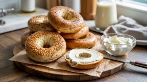 A wooden board topped with greek yogurt bagels sprinkled with sesame and poppy seeds, one sliced open and spread with cream cheese. A bowl of cream cheese with a knife and a glass of milk sit nearby on a sunlit kitchen counter.