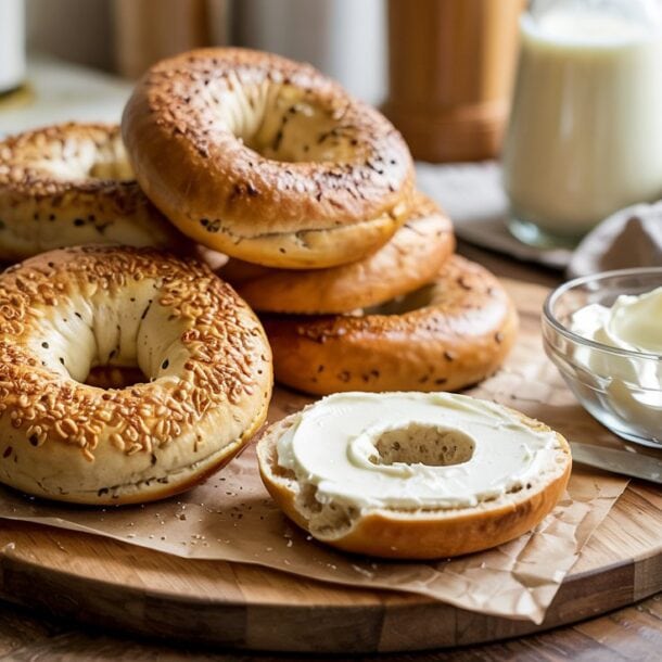A wooden board topped with greek yogurt bagels sprinkled with sesame and poppy seeds, one sliced open and spread with cream cheese. A bowl of cream cheese with a knife and a glass of milk sit nearby on a sunlit kitchen counter.