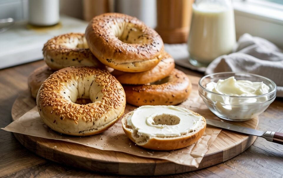 A wooden board topped with greek yogurt bagels sprinkled with sesame and poppy seeds, one sliced open and spread with cream cheese. A bowl of cream cheese with a knife and a glass of milk sit nearby on a sunlit kitchen counter.