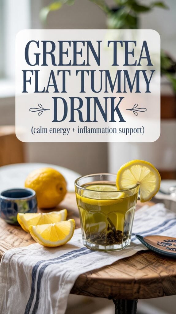A glass of green tea garnished with a lemon slice sits on a wooden table with lemon wedges, a whole lemon, and a small blue cup nearby. Text reads: Green Tea Belly Fat Burner Drink (calm energy + inflammation support).