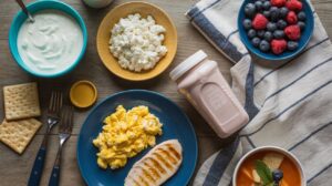 A table set with healthy food swaps like scrambled eggs, grilled chicken, cottage cheese, yogurt, mixed berries, crackers, a pink Zepbound drink in a bottle, forks, and a striped napkin on a wooden surface.