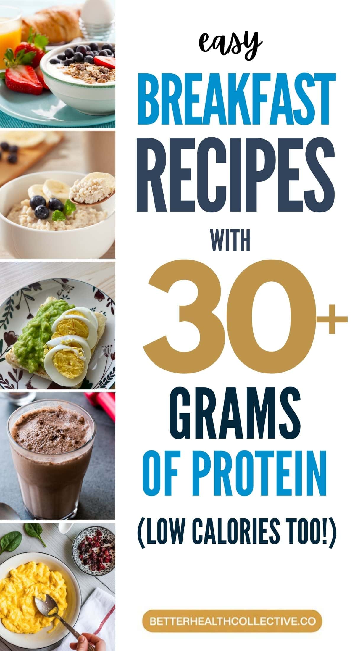 A collage featuring high-protein breakfast dishes like oatmeal, cottage cheese with banana, avocado toast with eggs, a chocolate smoothie, and an omelet. Text reads: Easy high protein breakfast ideas with 30+ grams of protein (low calories too!).