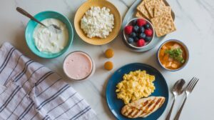 A breakfast spread featuring scrambled eggs, grilled chicken, cottage cheese, yogurt, a bowl of berries, crackers, a cup of pink smoothie, soup, and a striped napkin on a marble surface offers delicious food swaps for Wegovy users.