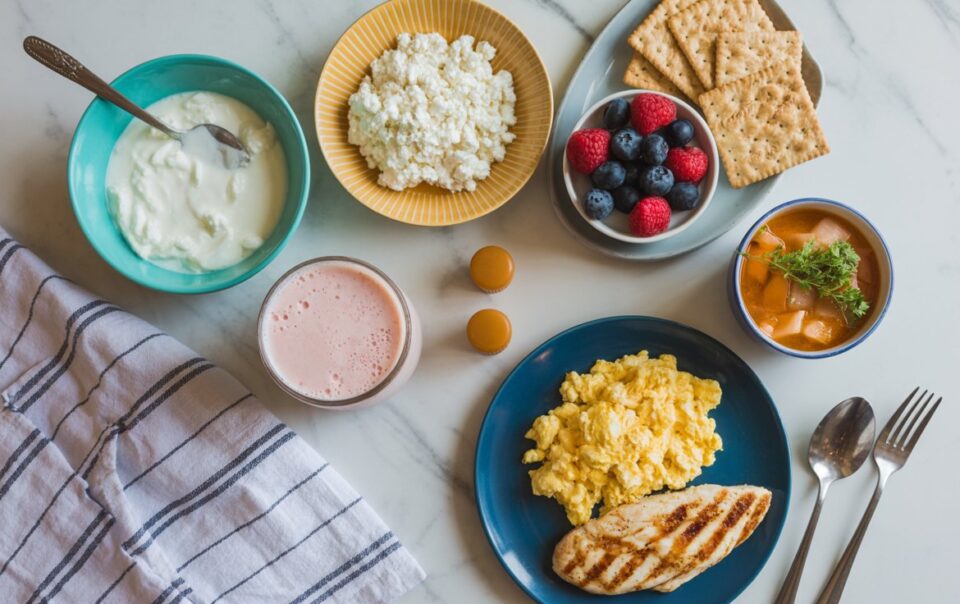 A breakfast spread featuring scrambled eggs, grilled chicken, cottage cheese, yogurt, a bowl of berries, crackers, a cup of pink smoothie, soup, and a striped napkin on a marble surface offers delicious food swaps for Wegovy users.