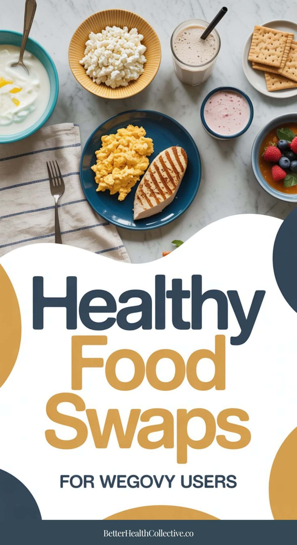 A table with healthy foods like yogurt, cottage cheese, smoothie, scrambled eggs, grilled chicken, fruit, and whole grain crackers. Text reads: Smart Food Swaps for Wegovy—delicious options to support your journey.