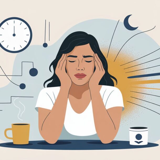 A woman sits with her head in her hands, looking stressed. Surrounding her are symbols of a clock, coffee cup, graphs, and a moon—signs that her schedule is overwhelming and her cortisol is out of control.