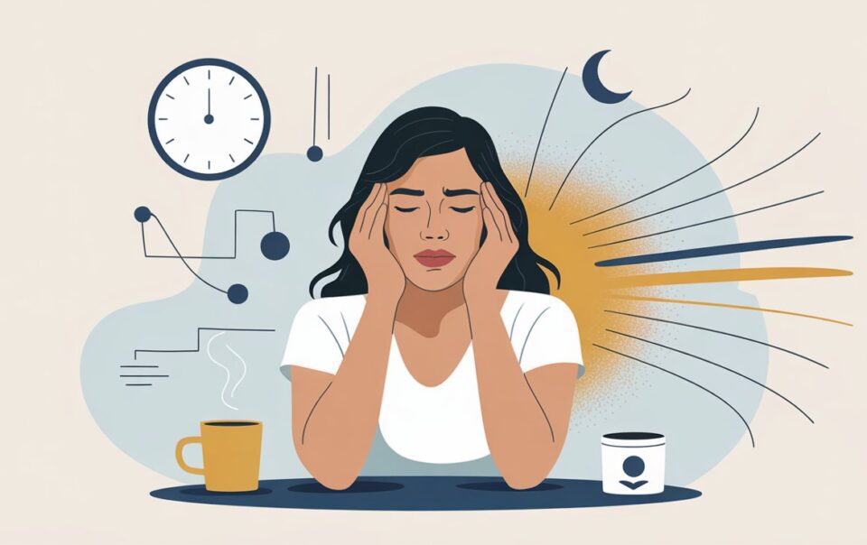 A woman sits with her head in her hands, looking stressed. Surrounding her are symbols of a clock, coffee cup, graphs, and a moon—signs that her schedule is overwhelming and her cortisol is out of control.