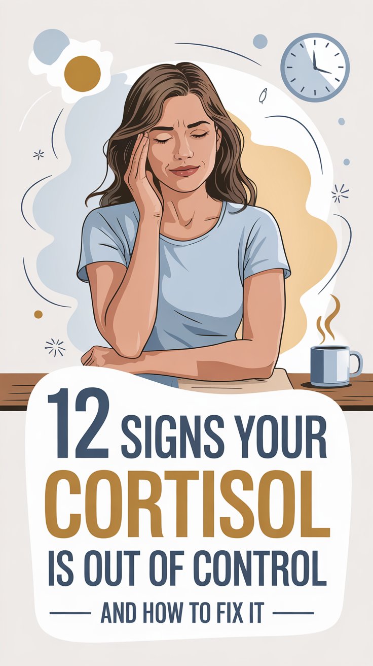 Illustration of a stressed woman holding her head, with a clock, sun, clouds, and a coffee cup in the background. Text reads: 12 signs your cortisol is out of control and how to fix it—spot when your cortisol is out of control.
