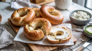Four plain Cottage Cheese Bagels sit on a wooden board, one sliced open and spread with cream cheese. In the background are bowls with cottage cheese and avocado—a high-protein breakfast that keeps you full all morning.