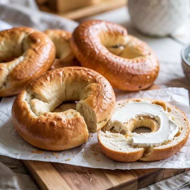 Four plain Cottage Cheese Bagels sit on a wooden board, one sliced open and spread with cream cheese. In the background are bowls with cottage cheese and avocado—a high-protein breakfast that keeps you full all morning.