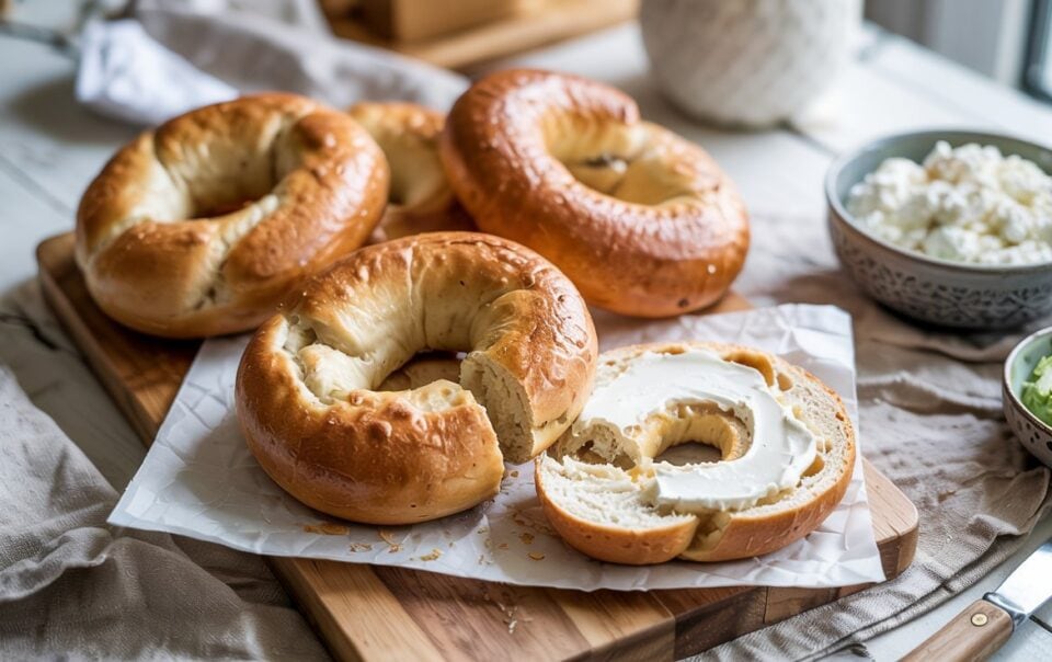 Four plain Cottage Cheese Bagels sit on a wooden board, one sliced open and spread with cream cheese. In the background are bowls with cottage cheese and avocado—a high-protein breakfast that keeps you full all morning.