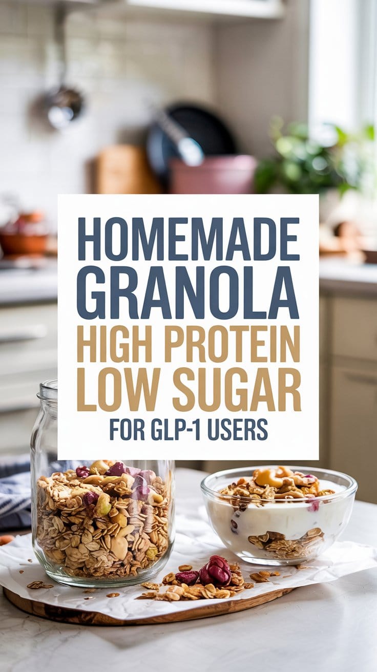 A kitchen scene with jars and bowls of homemade granola on the countertop. A large sign in front reads: Homemade Granola—High Protein, GLP-1 Friendly, Low Sugar—for mindful snackers and GLP-1 users.