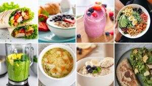 A collage of healthy meals designed to satisfy your appetite, featuring a chicken wrap, yogurt with berries, smoothie in a jar, salad bowl, blender with greens, chicken soup, oatmeal with fruit, and a plate with salad and flatbread.