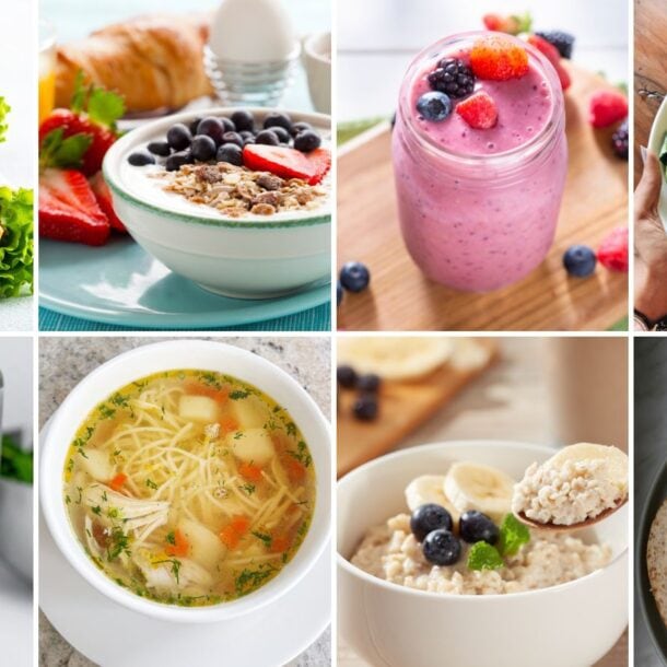 A collage of healthy meals designed to satisfy your appetite, featuring a chicken wrap, yogurt with berries, smoothie in a jar, salad bowl, blender with greens, chicken soup, oatmeal with fruit, and a plate with salad and flatbread.