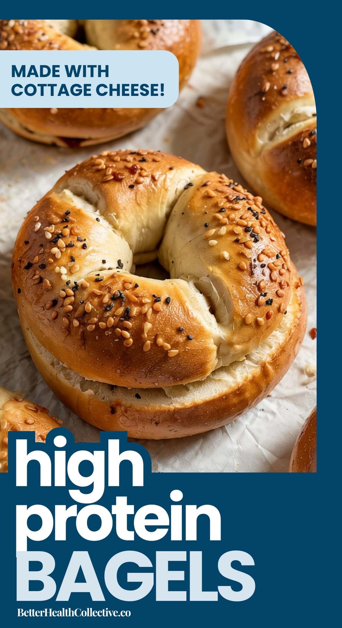 Freshly baked cottage cheese bagels topped with sesame seeds on parchment paper. Text reads: High-Protein Breakfast! Keeps You Full. BetterHealthCollective.co.
