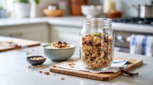 A glass jar filled with high protein granola sits on a kitchen counter next to a bowl of granola and yogurt. The background shows a blurred kitchen with plants, utensils, and soft natural light.