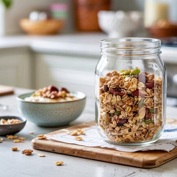 A glass jar filled with high protein granola sits on a kitchen counter next to a bowl of granola and yogurt. The background shows a blurred kitchen with plants, utensils, and soft natural light.