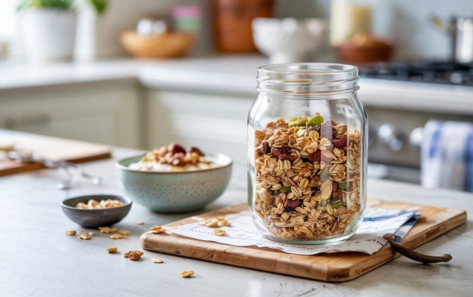 A glass jar filled with high protein granola sits on a kitchen counter next to a bowl of granola and yogurt. The background shows a blurred kitchen with plants, utensils, and soft natural light.
