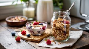 A glass jar filled with clean homemade granola and a spoon sits next to a bowl of yogurt topped with granola, blueberries, and raspberries on a wooden table, with a bottle of milk and more berries in the background.