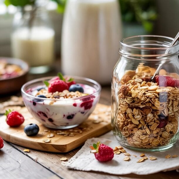 A glass jar filled with clean homemade granola and a spoon sits next to a bowl of yogurt topped with granola, blueberries, and raspberries on a wooden table, with a bottle of milk and more berries in the background.